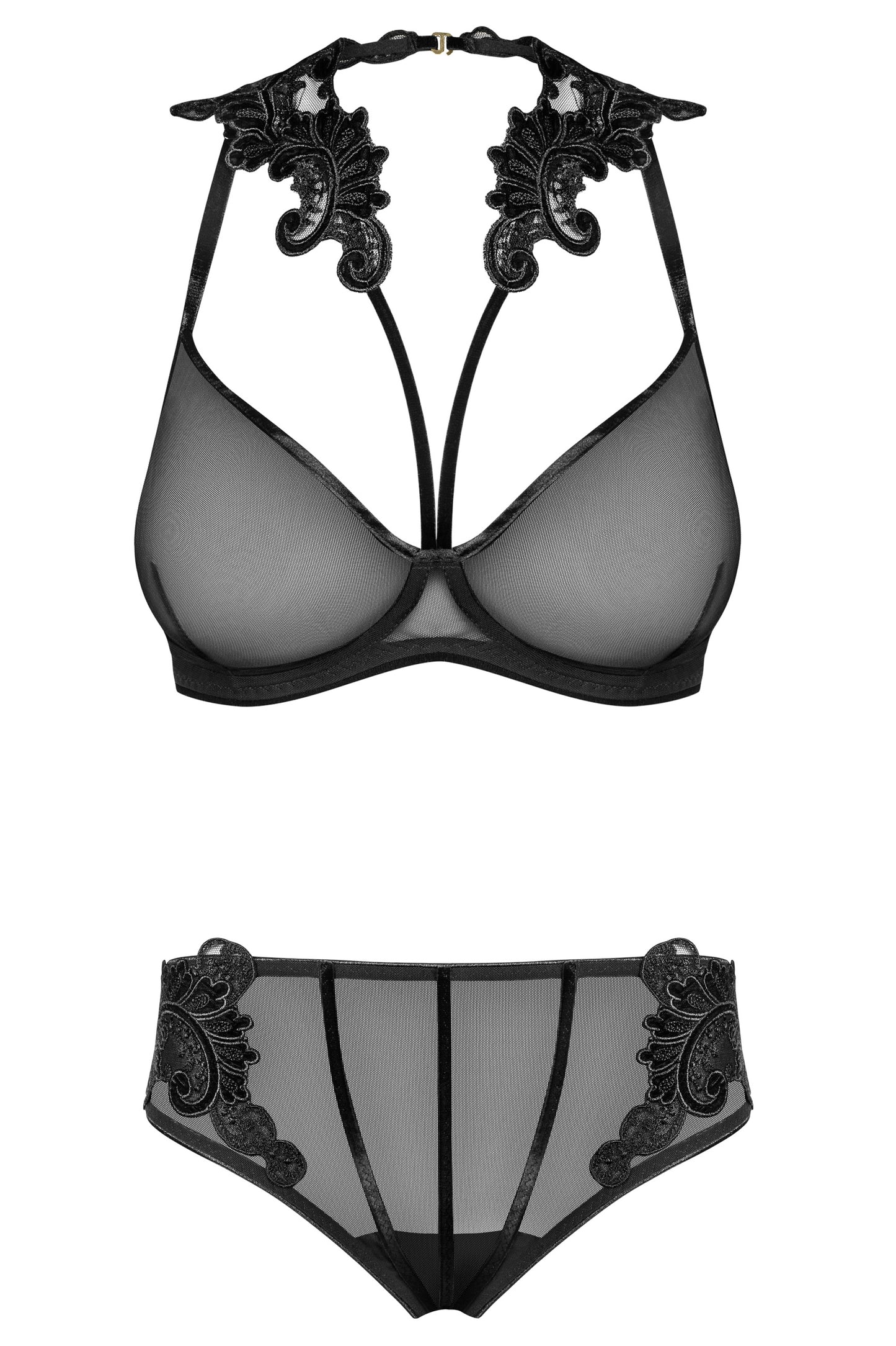 171818 Set out of plunge underwired bra with embroidery and brief - XL (BH 75E/80D & Panty 42)-0